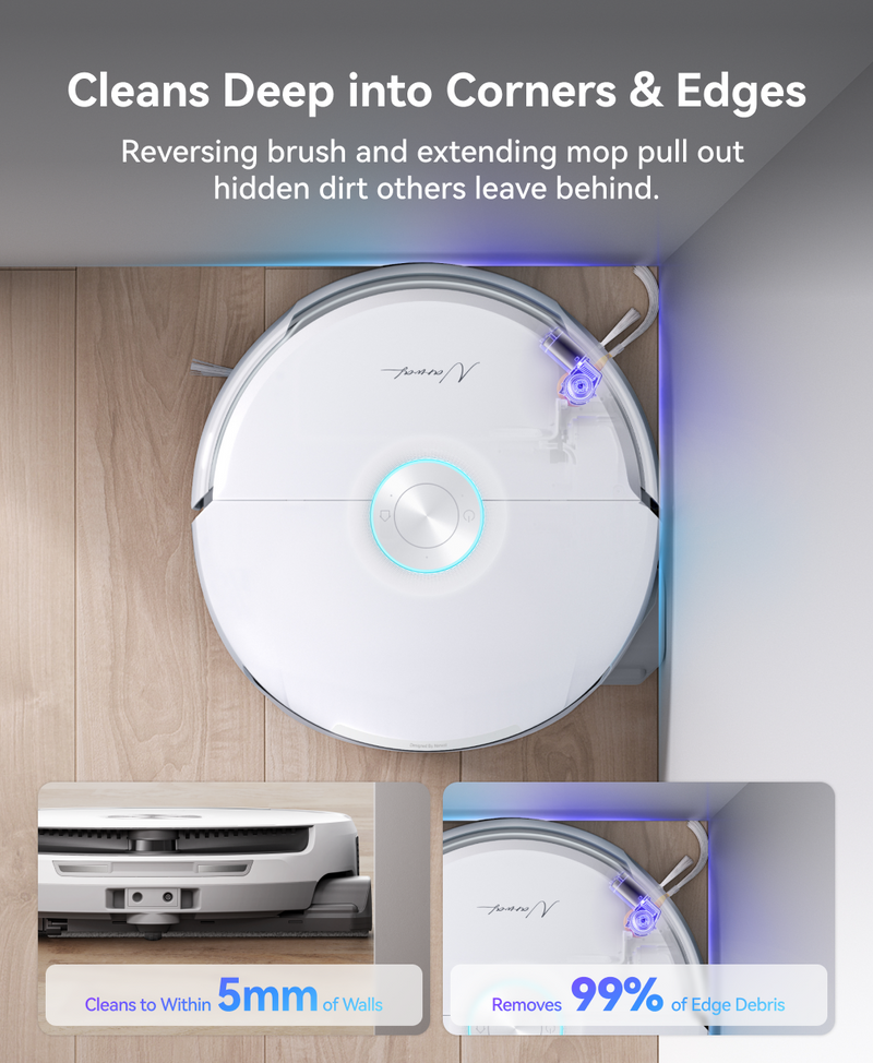 Narwal Flow Robotic vacuum cleaner on a wooden floor with text highlighting cleaning features.