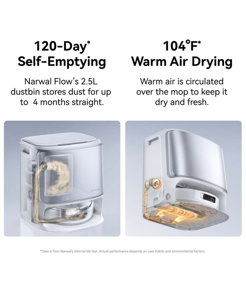 Two images showing a Narwal Flow robot vacuum self-emptying and warm air drying feature of a kitchen appliance.