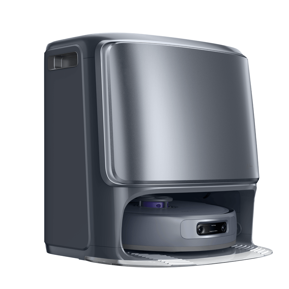 Angled side view of Narwal Freo Z10 Ultra robot vacuum and mop base station in modern style.