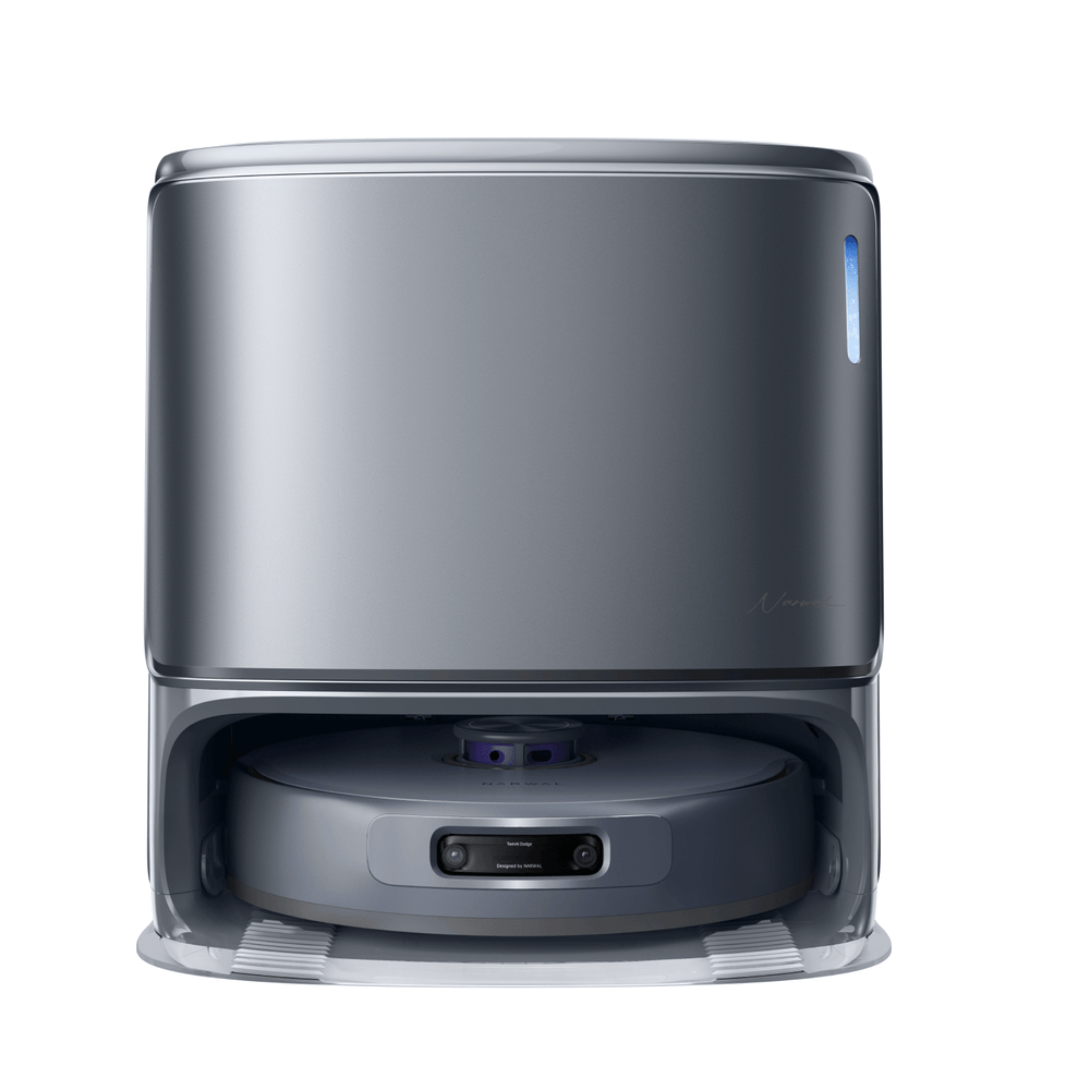 Front view of Narwal Freo Z10 Ultra robot vacuum and mop base station in sleek dark finish.