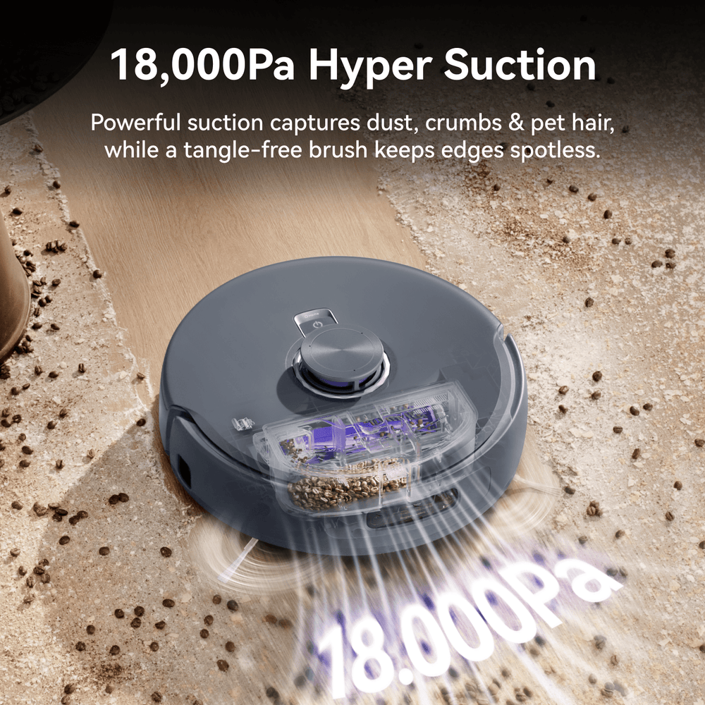 Narwal Freo Z10 Ultra robot vacuum and mop showing 18,000Pa hyper suction power on floor surface.