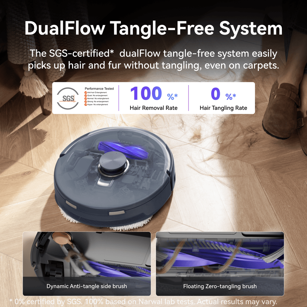 Narwal Freo Z10 Ultra robot vacuum and mop with DualFlow tangle-free cleaning system infographic.