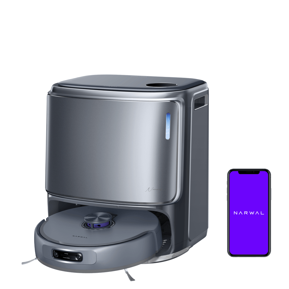 Narwal Freo Z10 Ultra robot vacuum and mop with smartphone app interface displayed together.