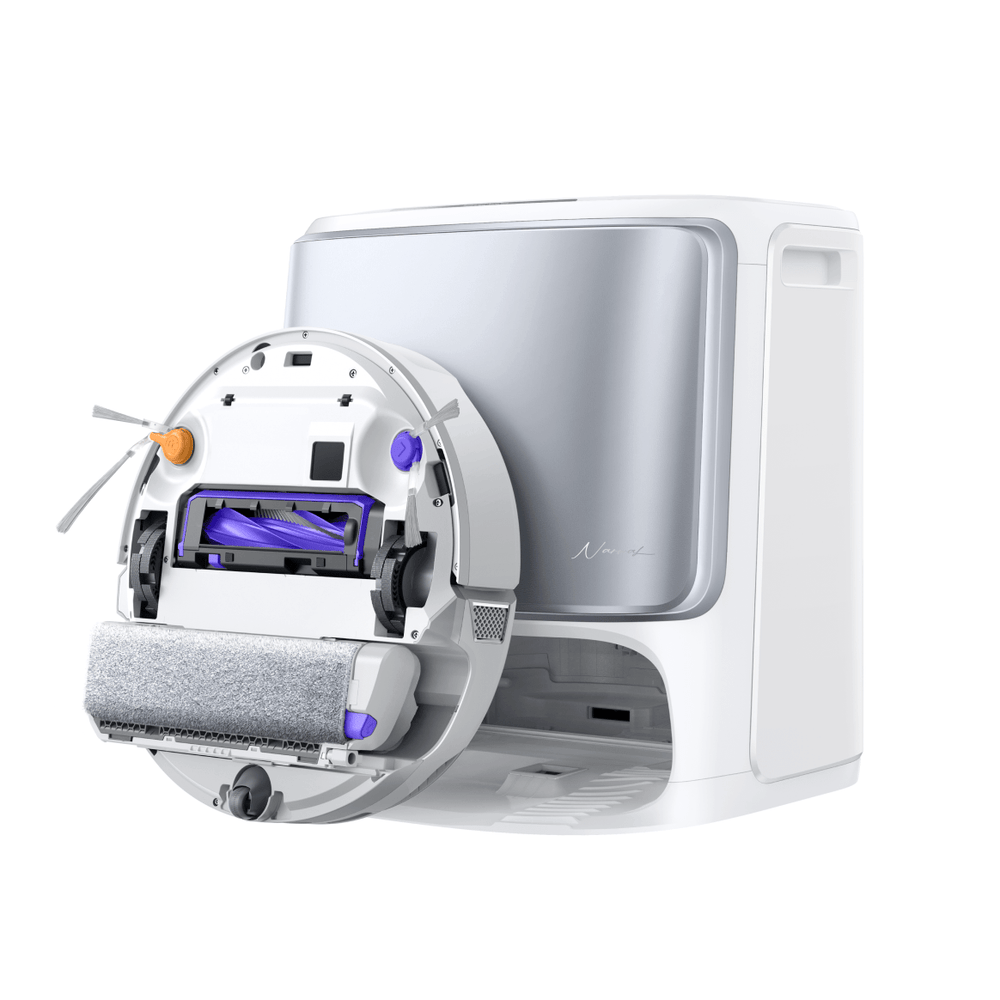 Narwal Flow robot vacuum and mop shown with internal brush and mop system for detailed cleaning performance.