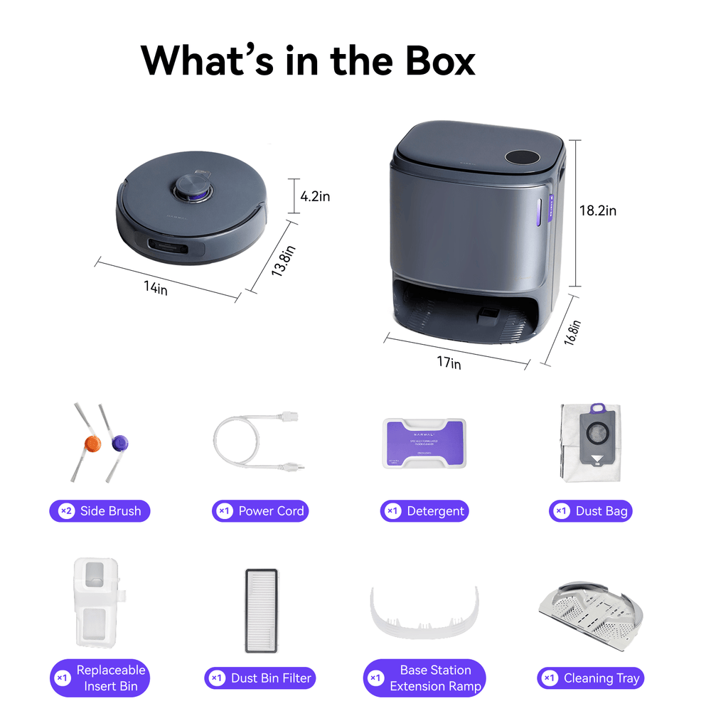 What's in the box layout for Narwal Freo Z10 Ultra robot vacuum and mop and included parts.
