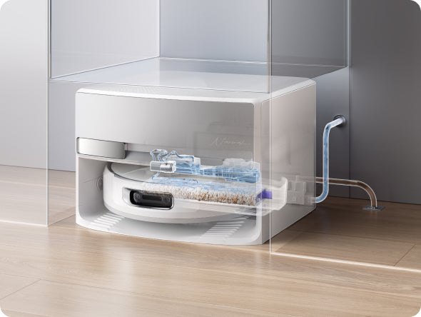 Narwal Flow white electronic device with blue components on a wooden floor.