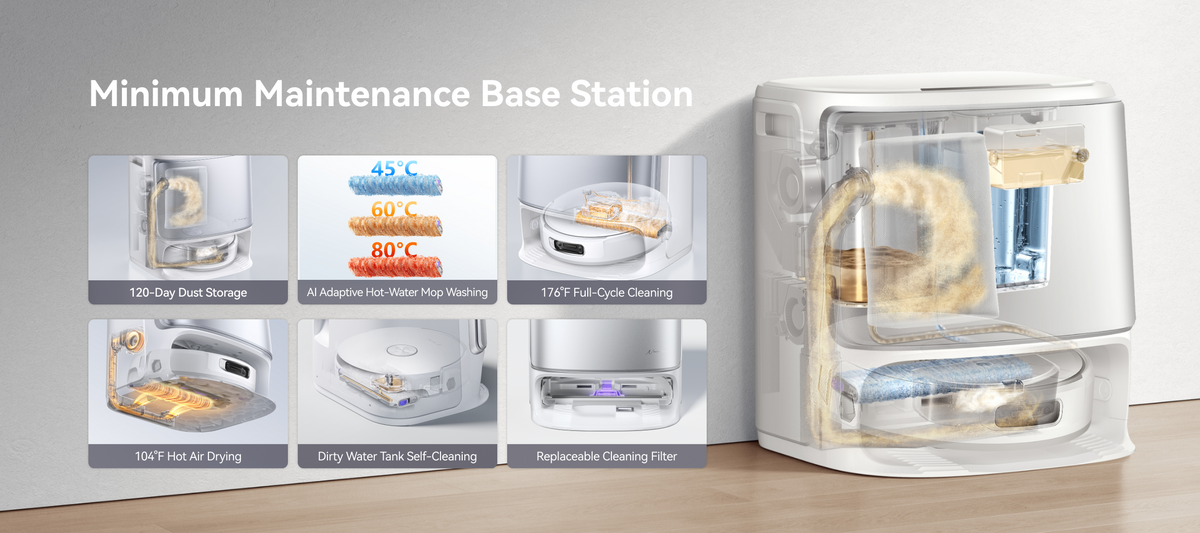 Minimum Maintenance Narwal Flow Base Station with features displayed on a white background