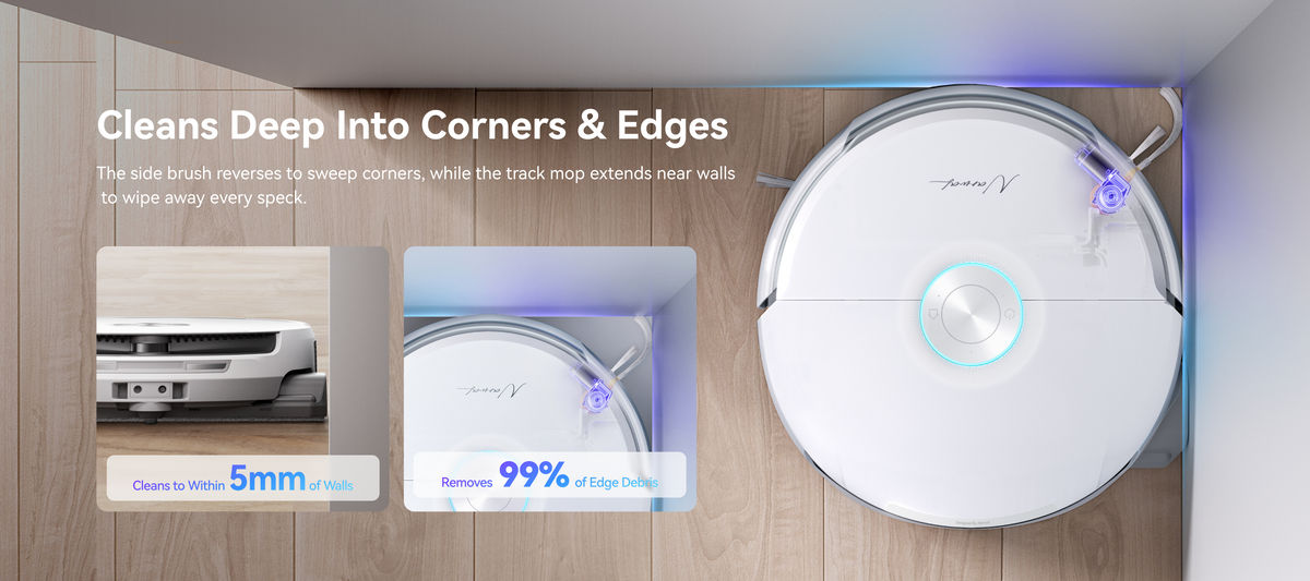 Narwal Flow Robotic vacuum cleaner on a wooden floor with text highlighting cleaning features.
