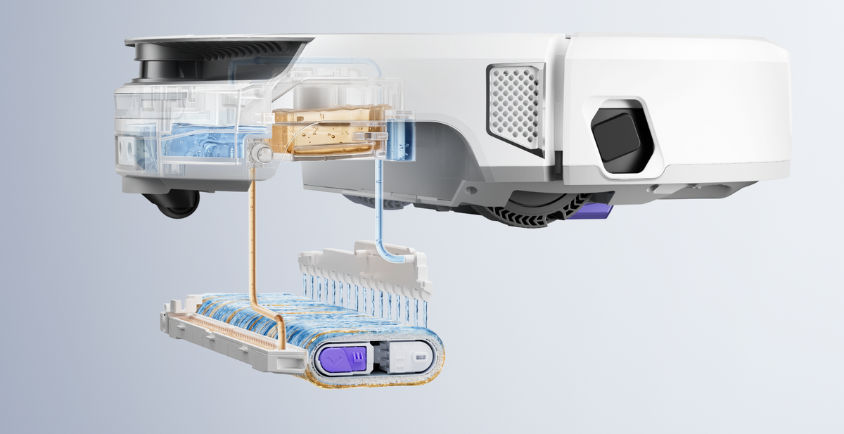 Internal water flow and roller cleaning system of the Narwal Flow robot vacuum and mop shown in cutaway view.