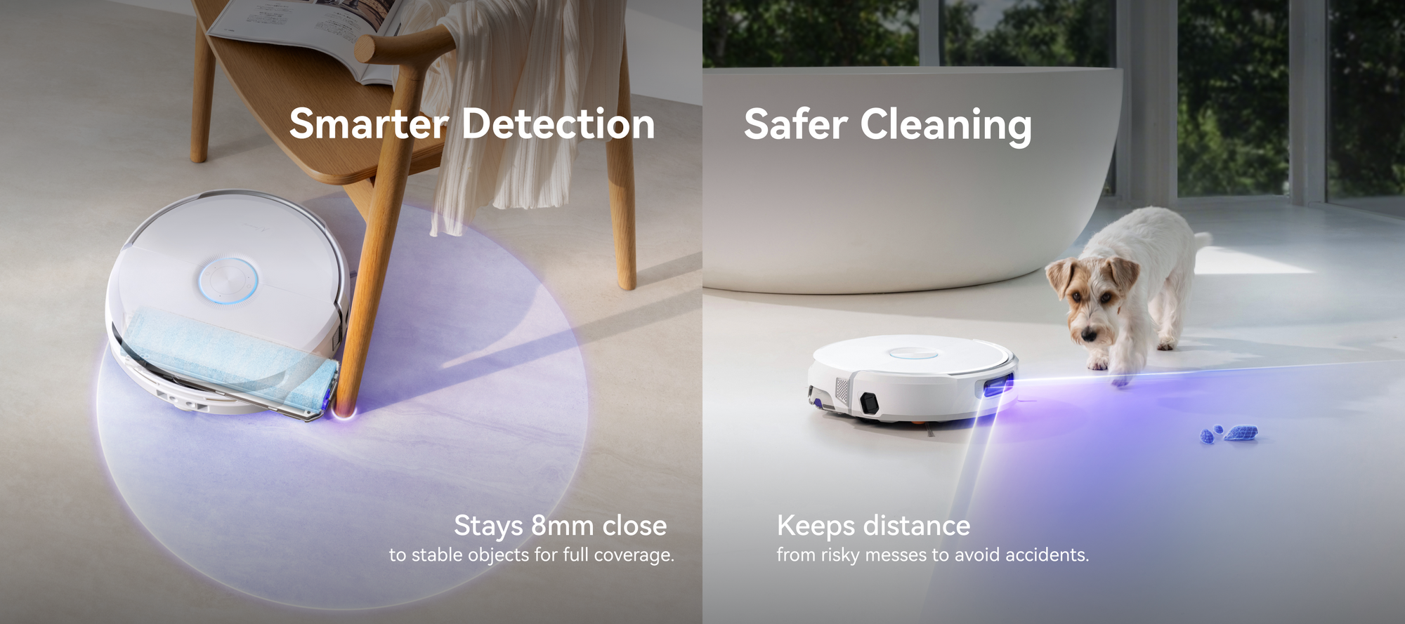 Narwal Flow robot vacuum and mop detecting furniture edges and avoiding pet mess for safer, smarter cleaning.