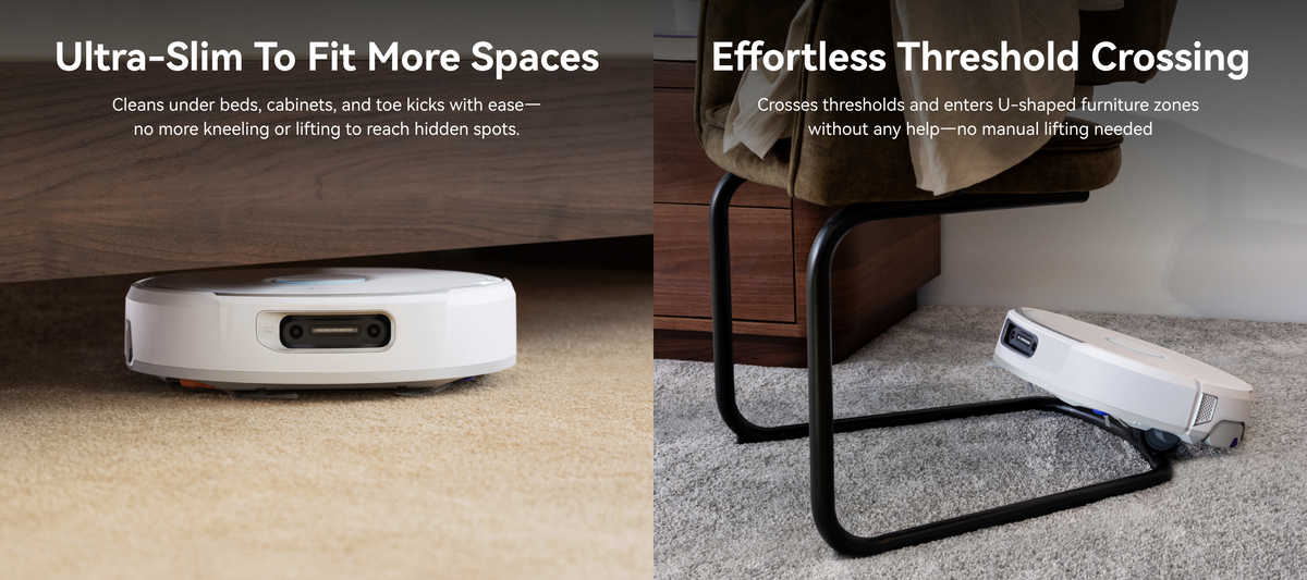 Narwal Flow robot vacuum and mop cleaning under low furniture and crossing thresholds with ease.