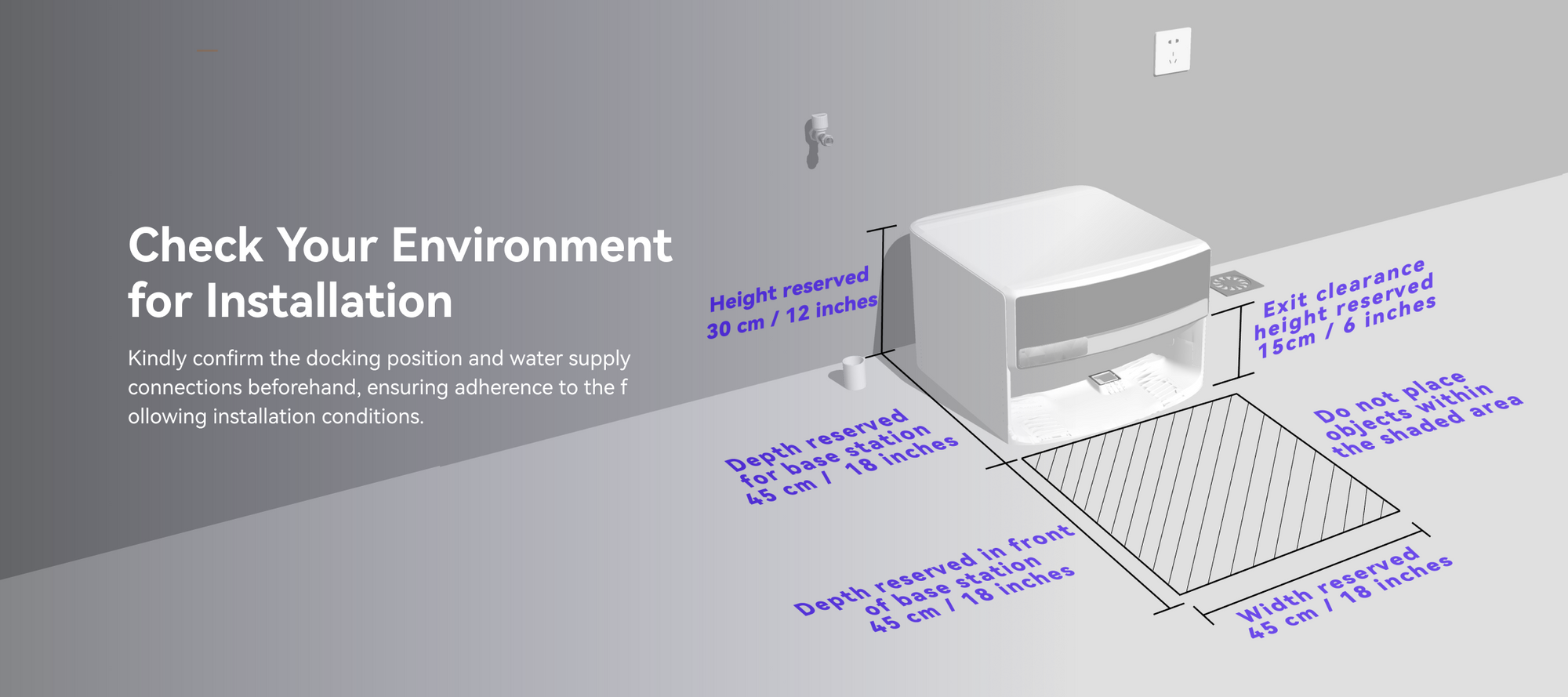Diagram showing installation guidelines for a piece of equipment with text on a gray background.