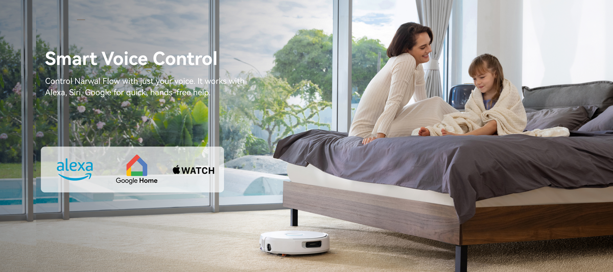 Woman and child sitting on a bed with a Narwal Flow robot vacuum cleaner at their feet, featuring smart voice control technology.