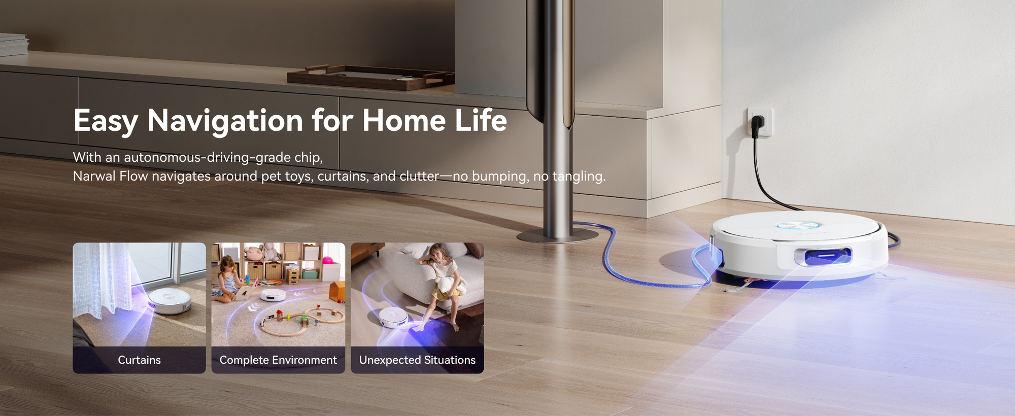 Narwal Flow robot vacuum and mop navigating around curtains, toys, and home obstacles with autonomous smart guidance.