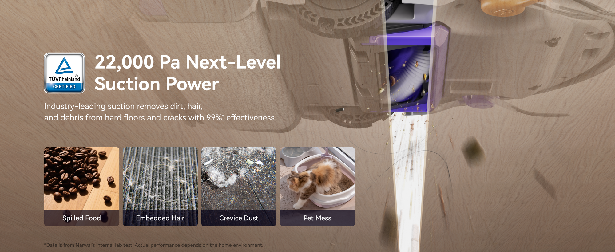 Narwal Flow robot vacuum and mop showcasing 22,000Pa suction power for removing food spills, hair, dust, and pet mess.
