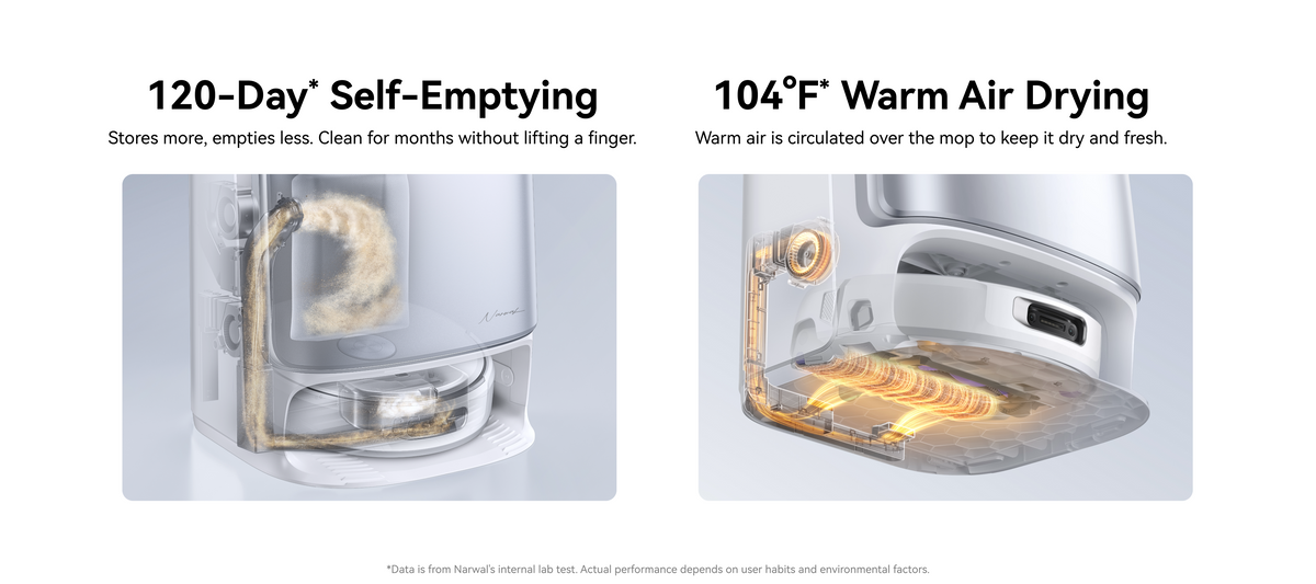 Two images showing a Narwal Flow robot vacuum self-emptying and warm air drying feature of a kitchen appliance.