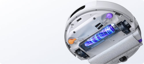 Close-up of a Narwal Flow robot vacuum cleaner with a blue light on a white background