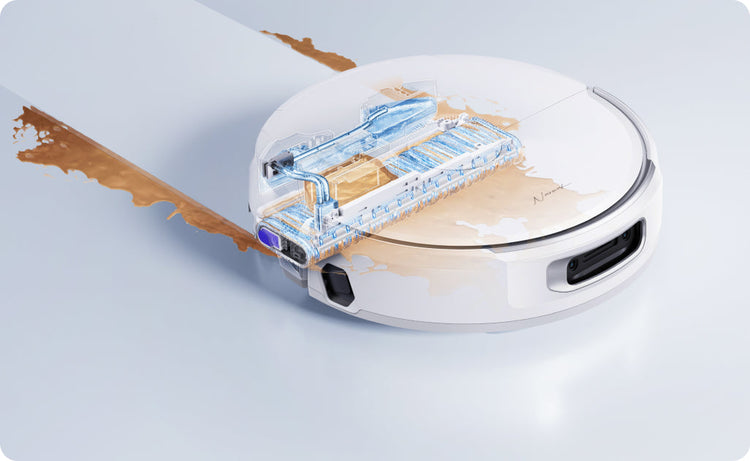 Narwal Flow robot vacuum and mop using its self-cleaning roller system to remove liquid spills from the floor.