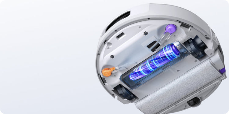 Close-up of a Narwal Flow robot vacuum cleaner with a blue light on a white background