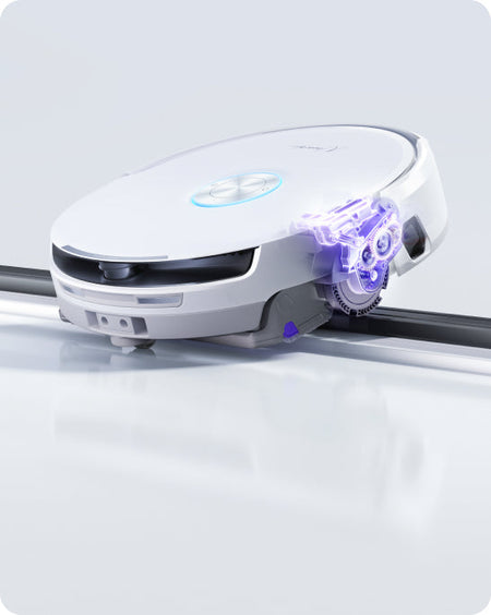 Narwal Flow Robotic vacuum cleaner cleaning a surface with a white background