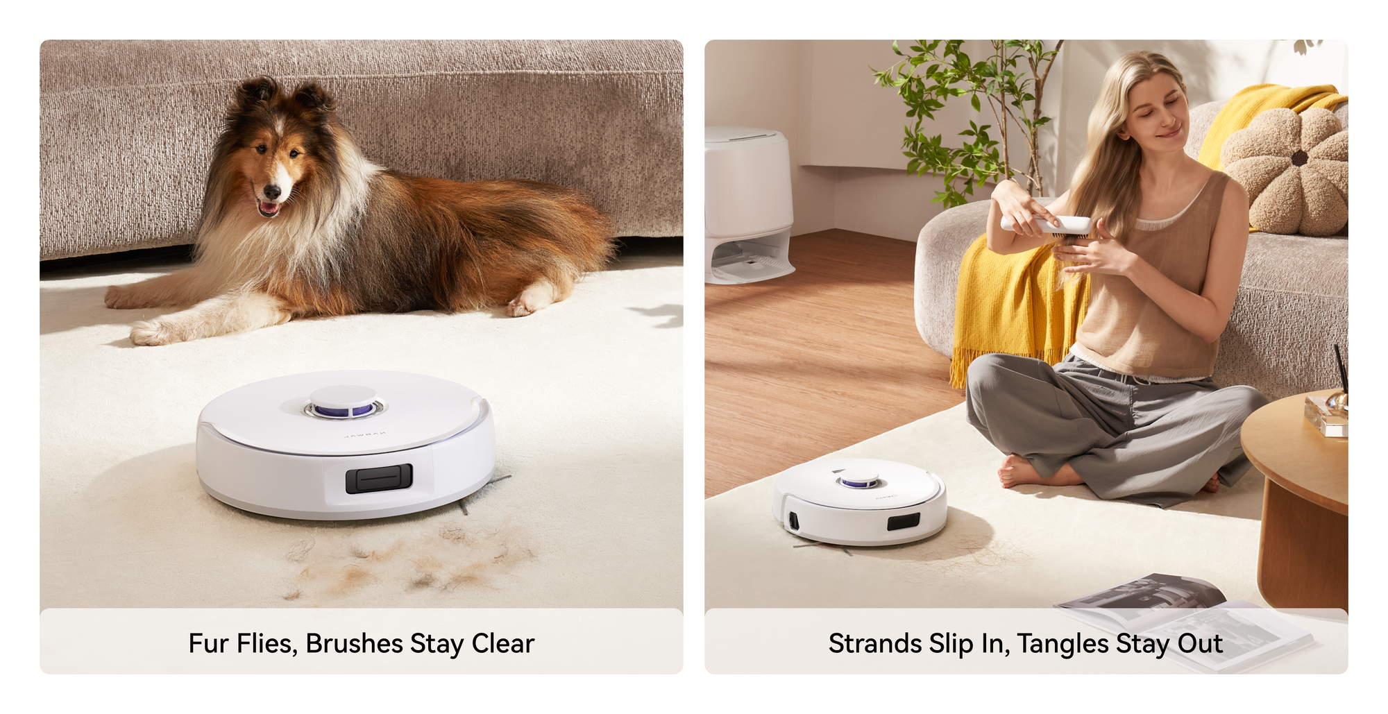 Narwal Freo X10 Pro robot vacuum and mop keeping brushes hair-free while cleaning pet fur and long strands on carpets.