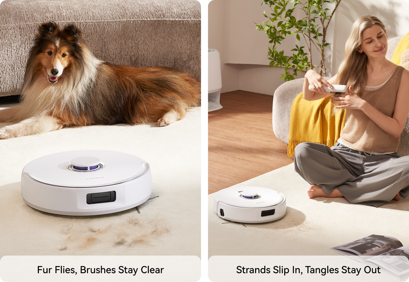 Narwal Freo X10 Pro robot vacuum and mop keeping brushes hair-free while cleaning pet fur and long strands on carpets.