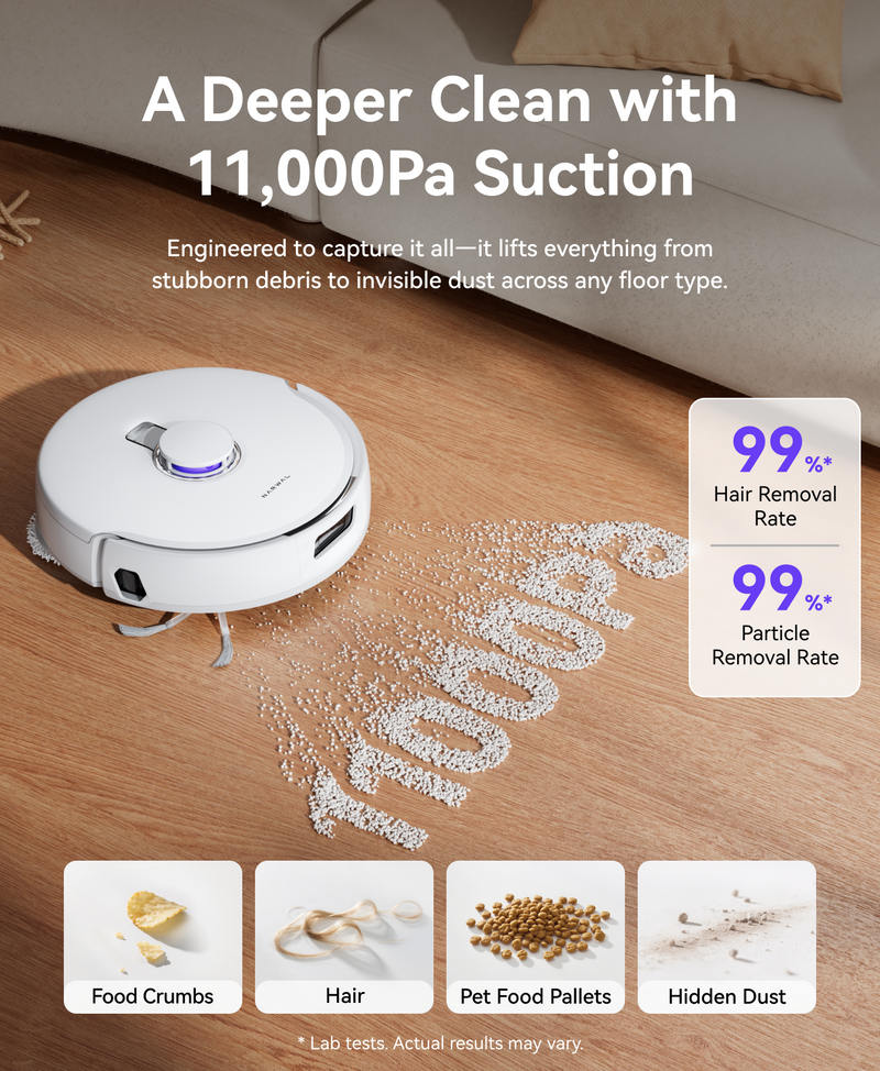 Narwal Freo X10 Pro robot vacuum and mop lifting debris with 11000Pa suction and achieving high hair and particle removal rates.