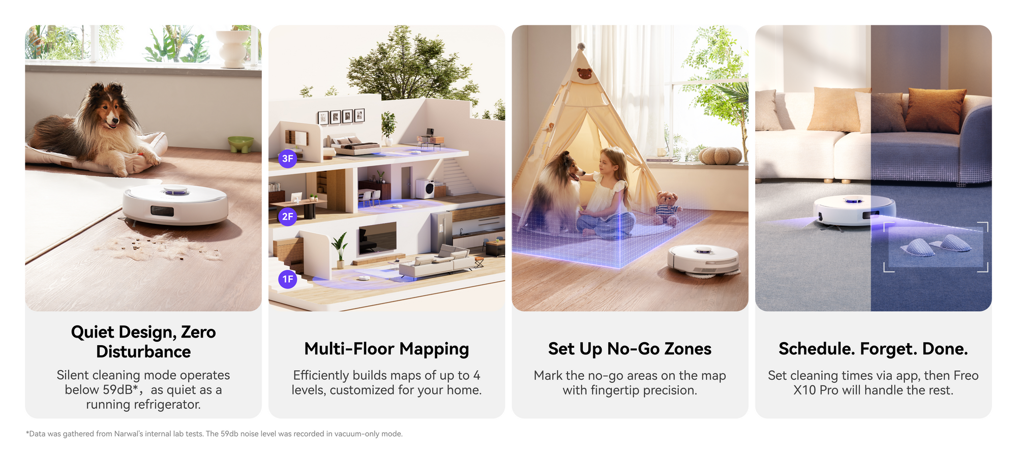 Narwal Freo X10 Pro robot vacuum and mop offering quiet cleaning, multi-floor mapping, no-go zones, and scheduled cleaning.