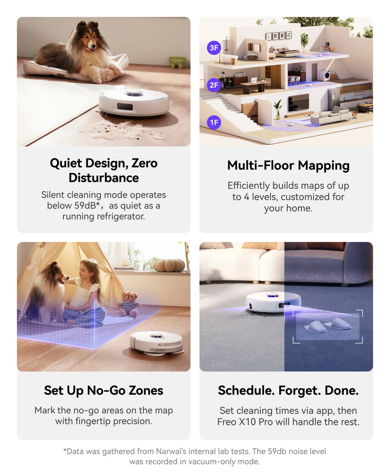 Narwal Freo X10 Pro robot vacuum and mop offering quiet cleaning, multi-floor mapping, no-go zones, and scheduled cleaning.
