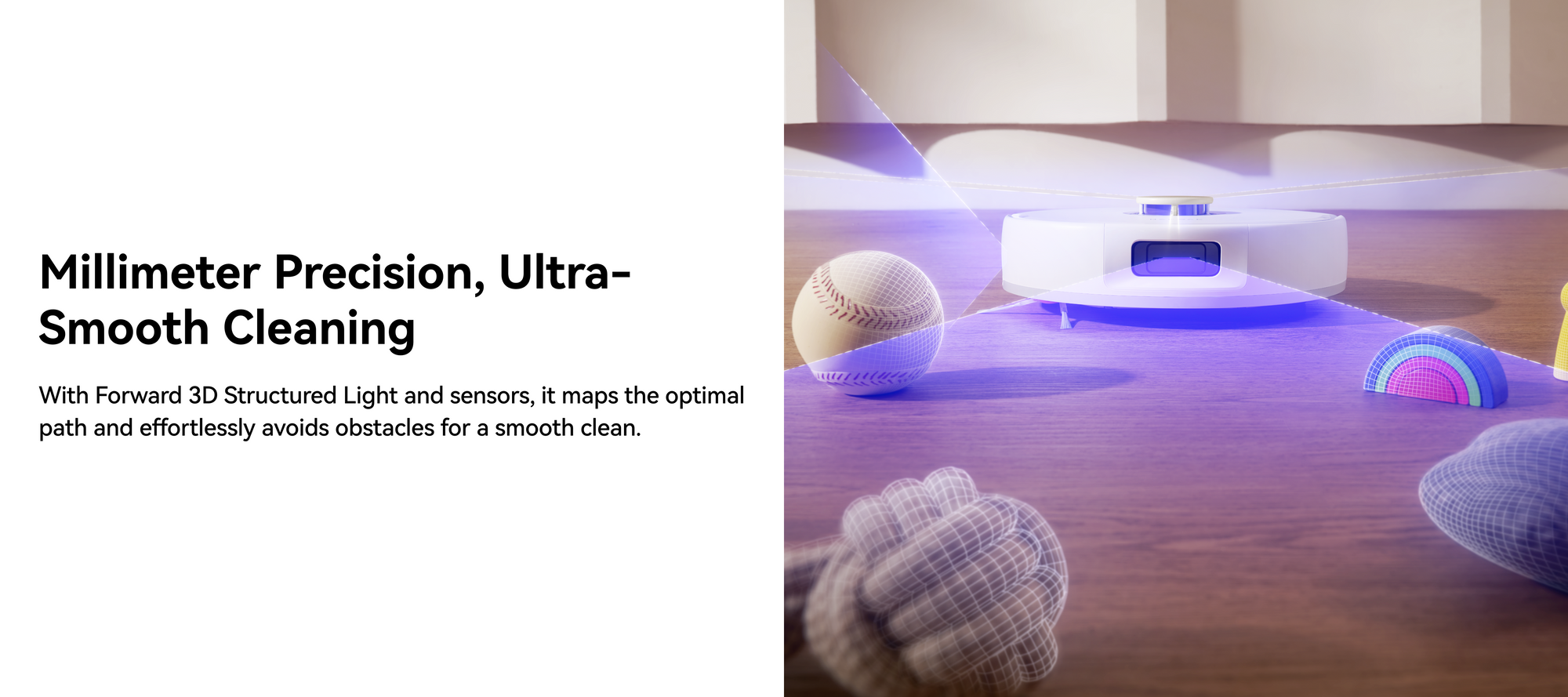 Narwal Freo X10 Pro robot vacuum and mop detecting small toys and objects with precise obstacle-avoidance sensors.