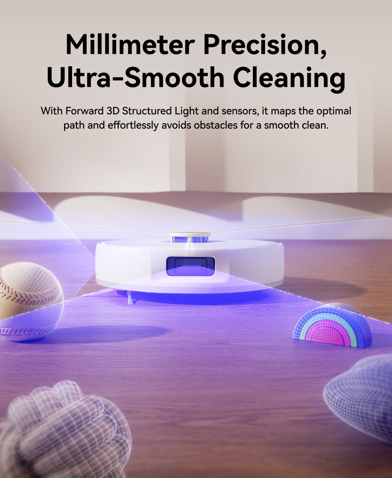 Narwal Freo X10 Pro robot vacuum and mop detecting small toys and objects with precise obstacle-avoidance sensors.