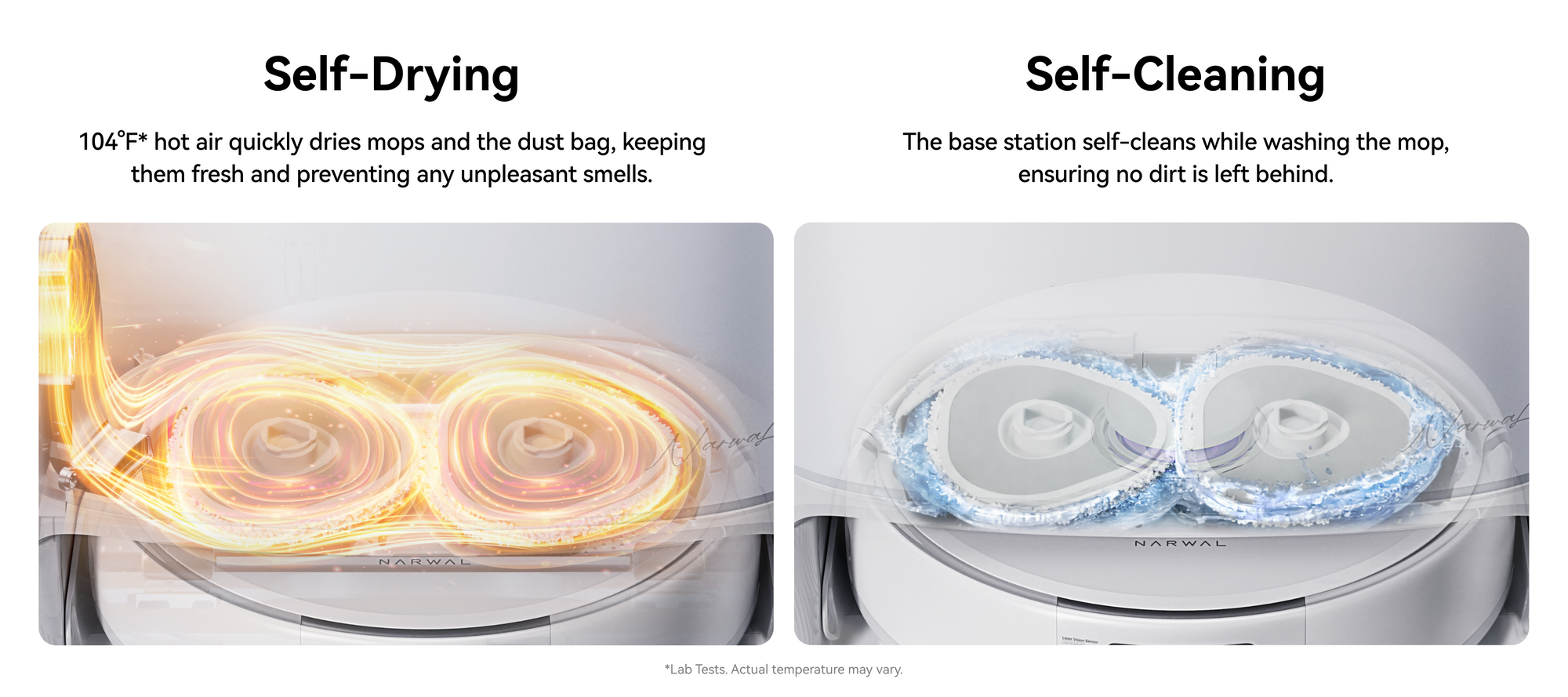 Narwal Freo X10 Pro robot vacuum and mop station drying and self-cleaning mop pads with hot air and rinse system.