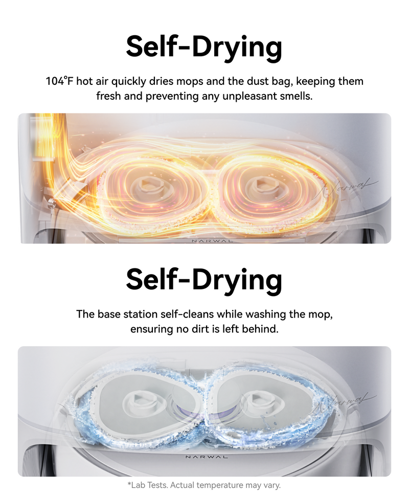 Narwal Freo X10 Pro robot vacuum and mop station drying and self-cleaning mop pads with hot air and rinse system.