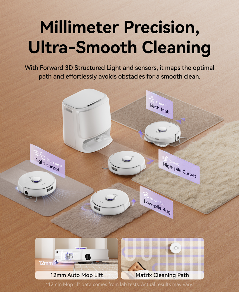 Narwal Freo X10 Pro robot vacuum and mop auto-detecting carpet types and adjusting cleaning modes with mop lift and matrix path.