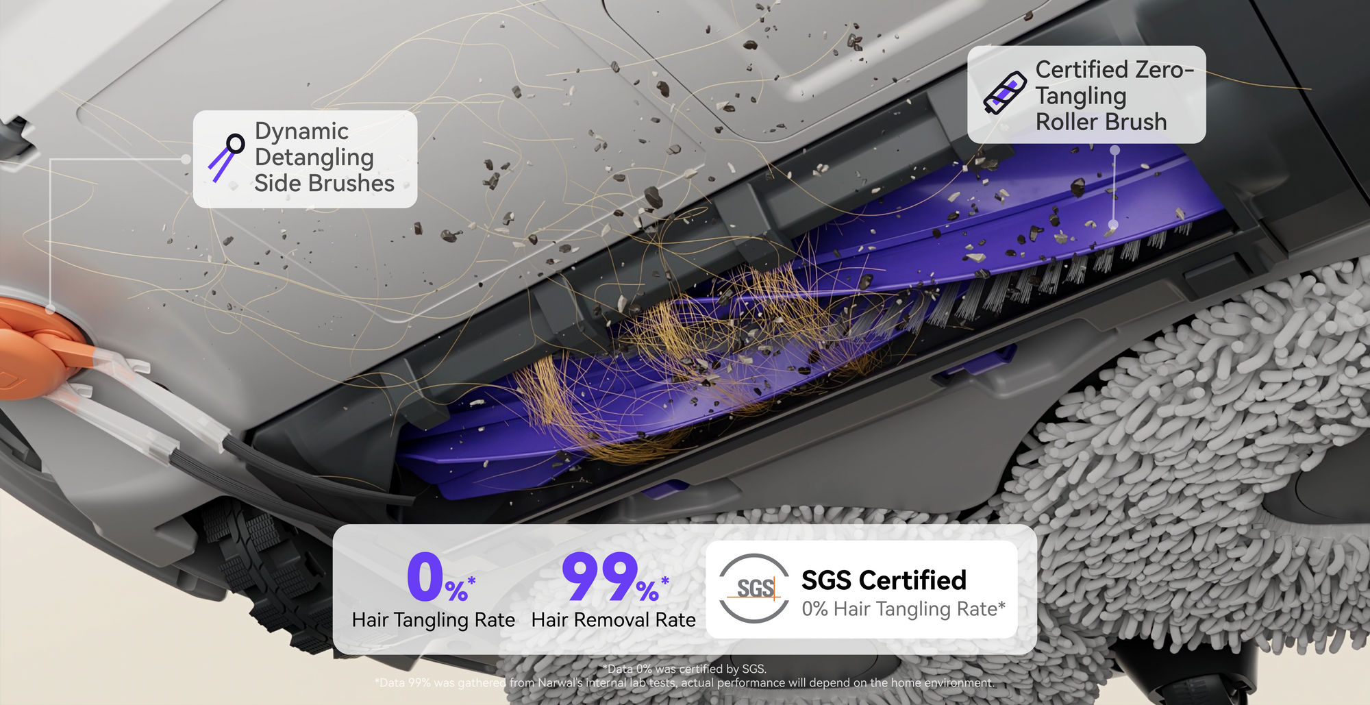 Narwal Freo X10 Pro robot vacuum and mop removing hair with dynamic detangling side brushes and zero-tangle roller system.