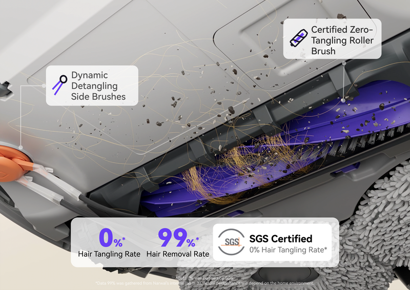 Narwal Freo X10 Pro robot vacuum and mop removing hair with dynamic detangling side brushes and zero-tangle roller system.