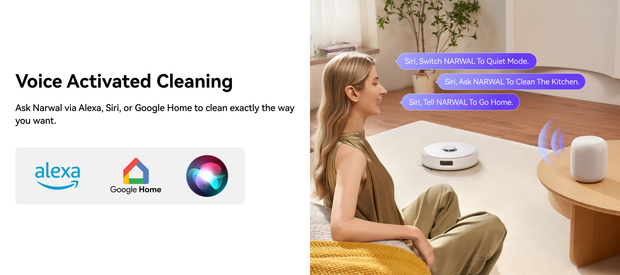 Narwal Freo X10 Pro robot vacuum and mop responding to voice commands through Alexa, Siri, and Google Home for hands-free cleaning.