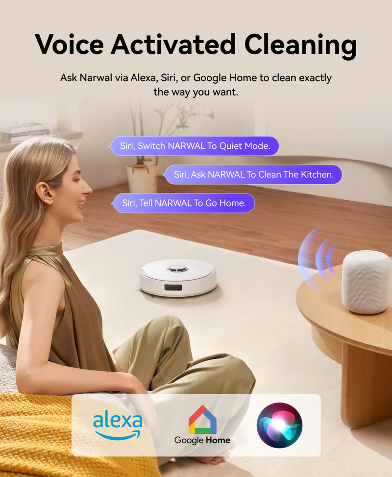 Narwal Freo X10 Pro robot vacuum and mop responding to voice commands through Alexa, Siri, and Google Home for hands-free cleaning.